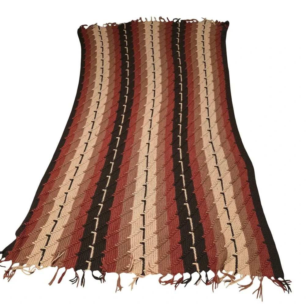 Vintage Handmade‎ Crochet Afghan Blanket Earth Tones Brown Orange Retro 82x44